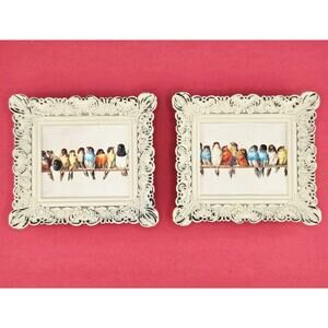 Perch of Birds by Hector Giacomelli Mini Antique Canvas Painting Framed Art SET